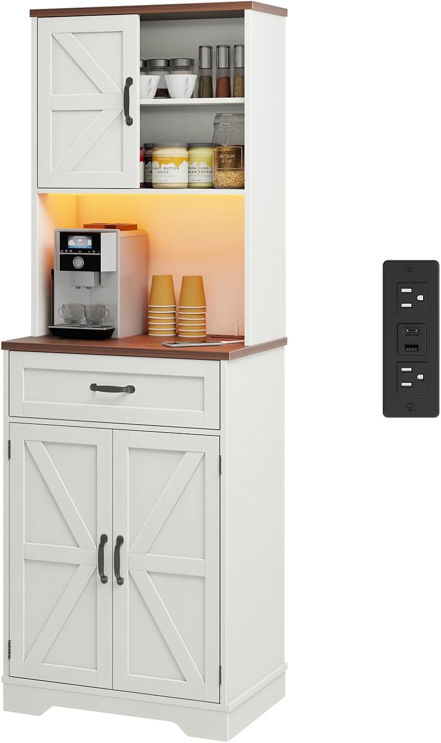 Vabches 68" Farmhouse Storage Cabinet with LED Light & Charging Station, Tall Kitchen Pantry Storage Cabinet with Storage Drawers, Coffee Bar with Hutch for Home Dining Living Room, Rustic White