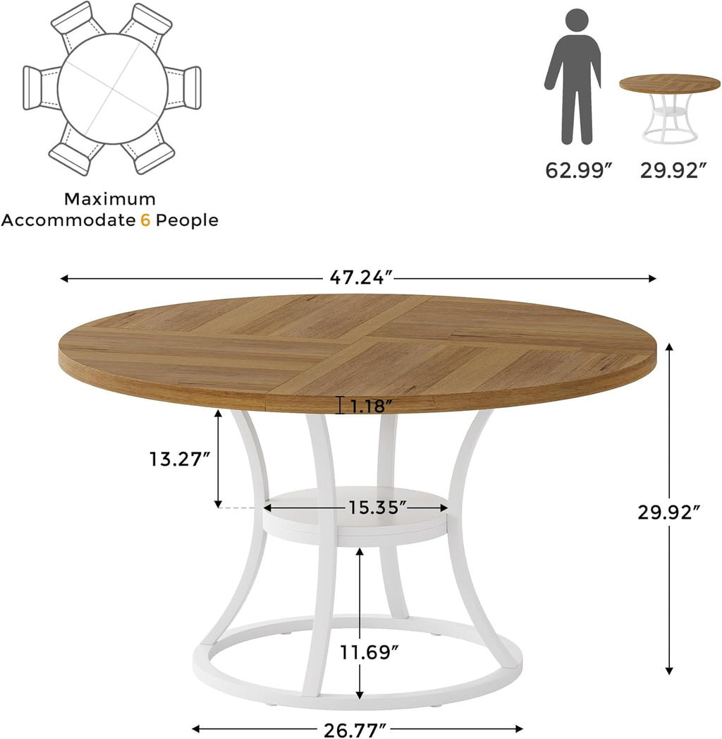 47'' Round Dining Table for 4-6, Farmhouse Dining Room Table with Storage Shelf, Space-Saving Kitchen Table Color-Block Design with Metal Base for Kitchen & Dining Room (Light Brown & White)