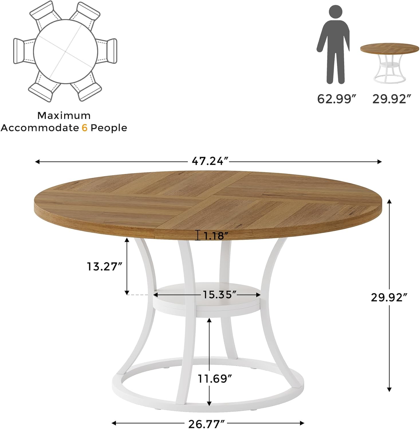 47'' Round Dining Table for 4-6, Farmhouse Dining Room Table with Storage Shelf, Space-Saving Kitchen Table Color-Block Design with Metal Base for Kitchen & Dining Room (Light Brown & White)