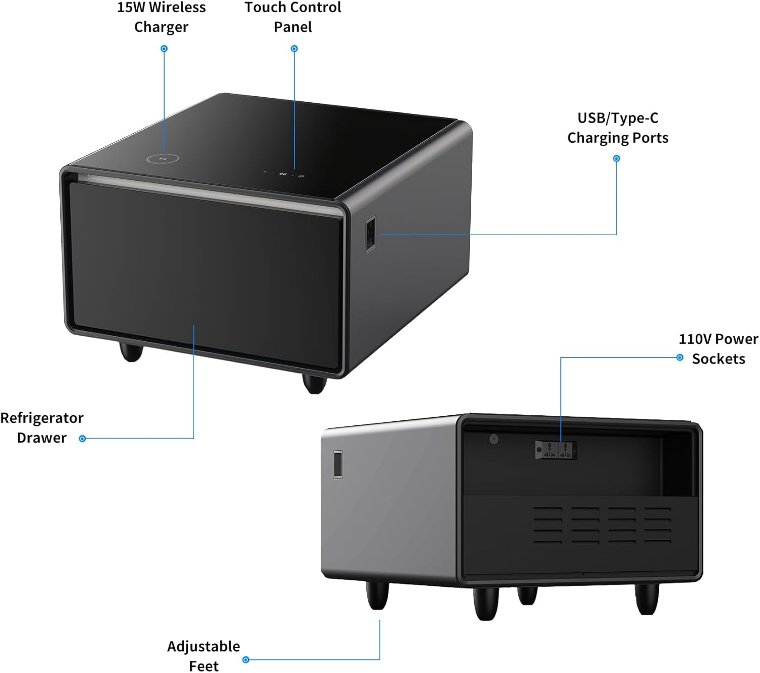 LUMISOL Smart Side Table with Built-in Fridge, Wireless Charging, Temperature Control, Power Socket, USB Ports, Outlet Protection, Induction Light, Black