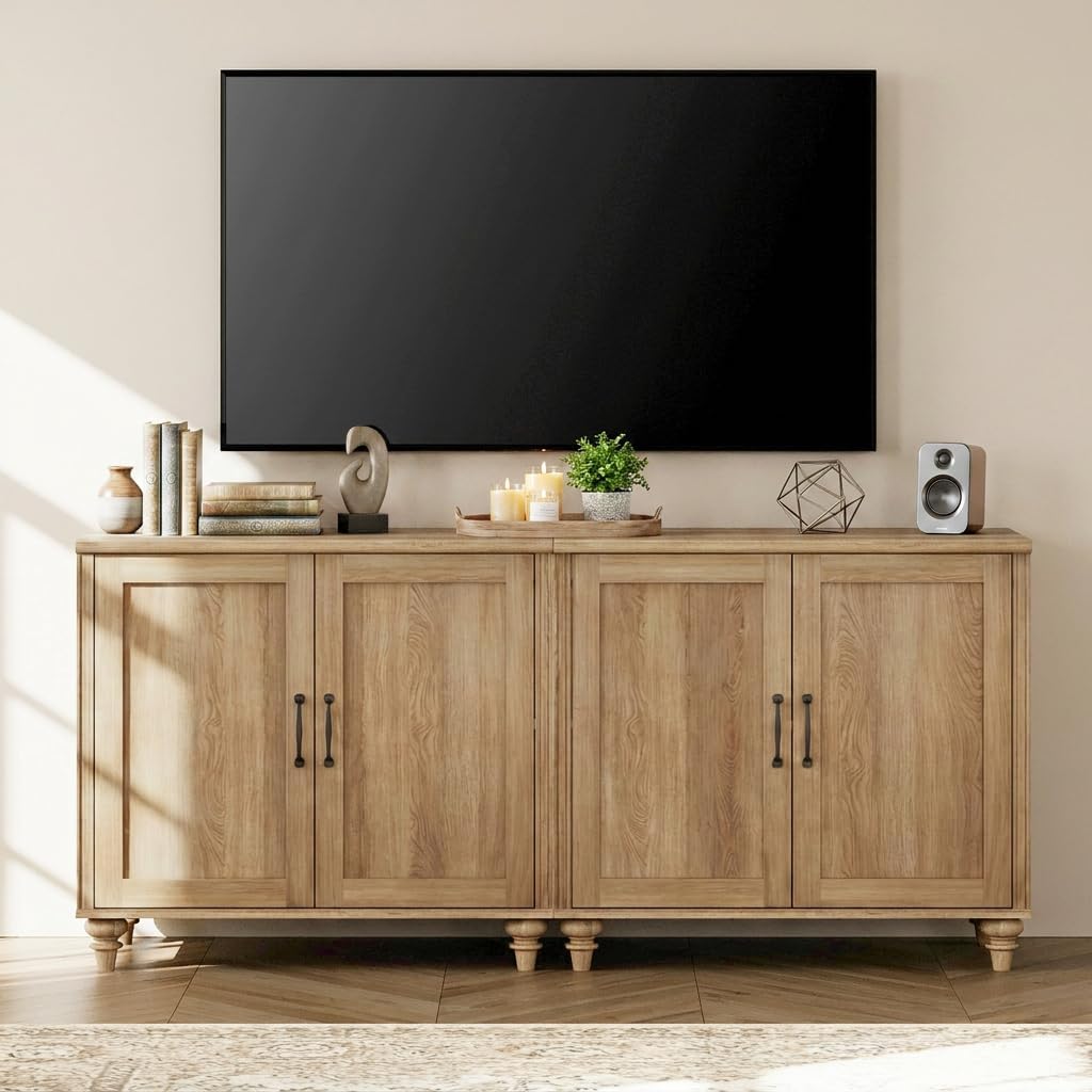 WAMPAT TV Stand for 75 inch TV with 4 Wood Doors, Oak | Farmhouse Wood Universal TV Stands with Storage Cabinets, Morden Entertainment Center TV Console Table