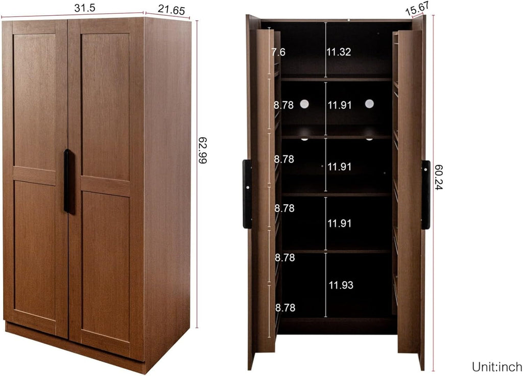 KEIKI 63" Tall Kitchen Pantry Storage Cabinet with Door-Side Rack & Shelves, Freestanding Wood Hutch Food Pantries Cupboard for Coffee Bar, Dining Room