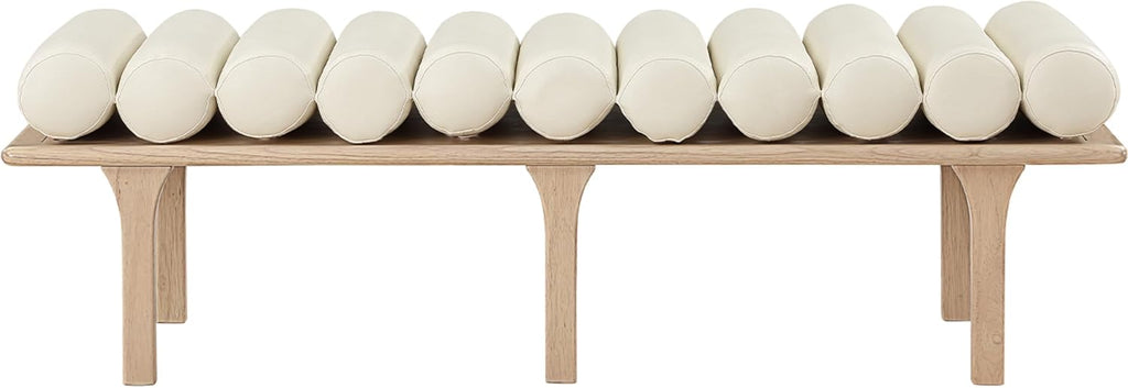 Meridian Furniture 22007Cream Landon Collection Art Deco Bench with Soft Vintage Cream Vegan Leather and Solid Wood with Natural Oak Finish, 60.5" W x 19.5" D x 18.5" H, Cream