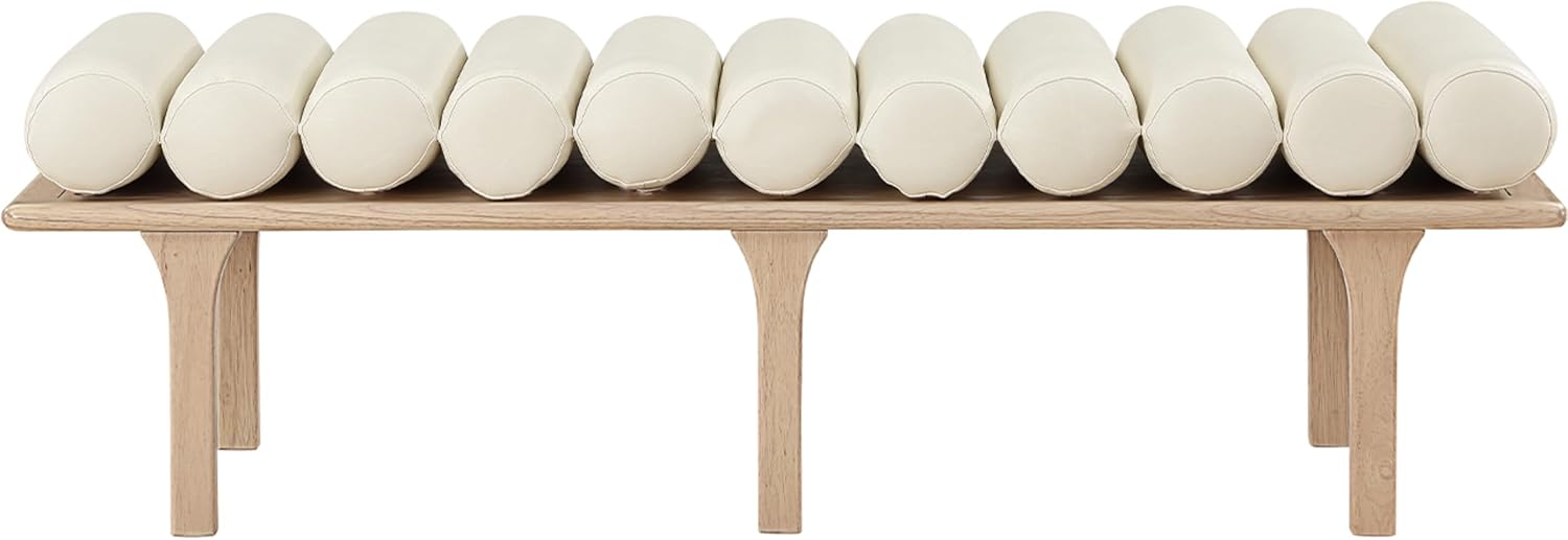 Meridian Furniture 22007Cream Landon Collection Art Deco Bench with Soft Vintage Cream Vegan Leather and Solid Wood with Natural Oak Finish, 60.5" W x 19.5" D x 18.5" H, Cream