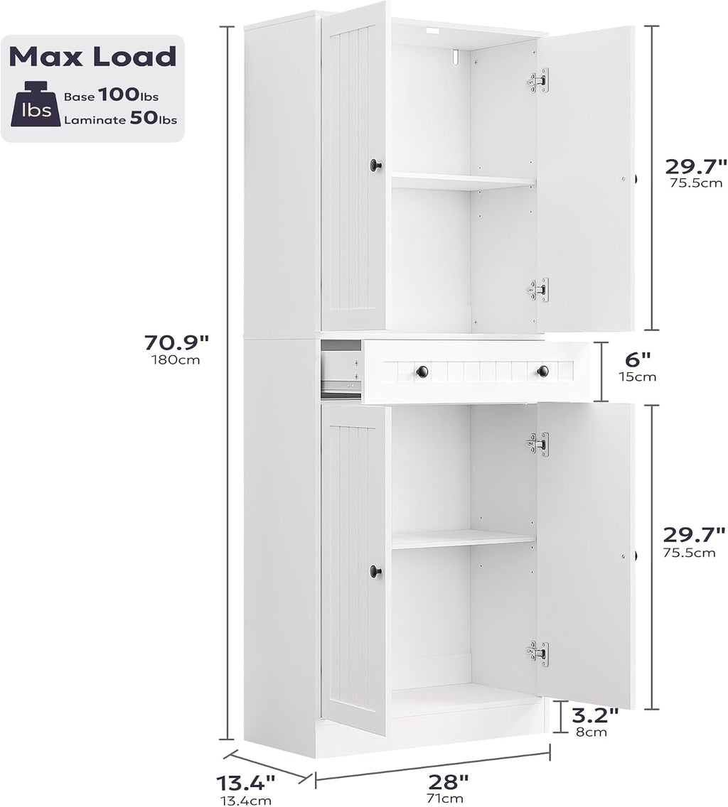 Furnify 71" Tall Kitchen Pantry Storage Cabinet with Doors & Drawer, White | Farmhouse Freestanding Cupboard with Adjustable Shelves, Rustic Wood Pantry for Dining Room Living Room