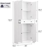 Furnify 71" Tall Kitchen Pantry Storage Cabinet with Doors & Drawer, White | Farmhouse Freestanding Cupboard with Adjustable Shelves, Rustic Wood Pantry for Dining Room Living Room
