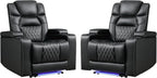 ANJ Power Home Theater Recliner Chair Set of 2, Electric Movie Theater Seating Reclining Chairs with Cup Holders for Living Room, Faux Leather with Blue LED, USB Ports, Hidden Arm Storage (Black)