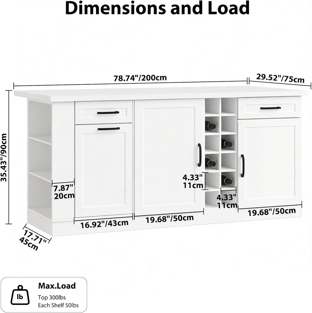 Large Kitchen Island,Wood Freestanding Islands with Storage Drawers, Trash Cabinet, Adjustable Shelves, Cabinet & Spice Rack,Farmhouse Kitchen Island for Kitchen & Dining Room