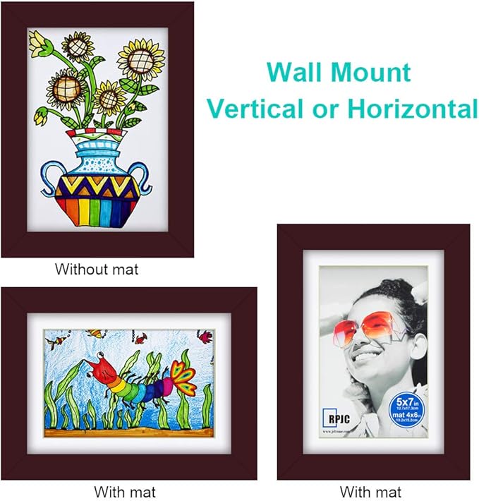RPJC Picture Frame Made of Solid Wood and High Definition Glass Display Photo 4x6 with Mat or 5x7 Without Mat for Wall Mounting Dark Brown