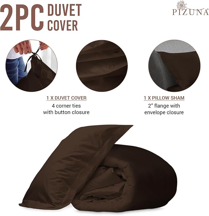 Pizuna Pure 100% Cotton Twin Duvet Cover Set, Luxurious 400 Thread Count Long Staple Cotton Sateen Weave with Button Closure (Combed Dark Brown Cotton Duvet Cover Twin)