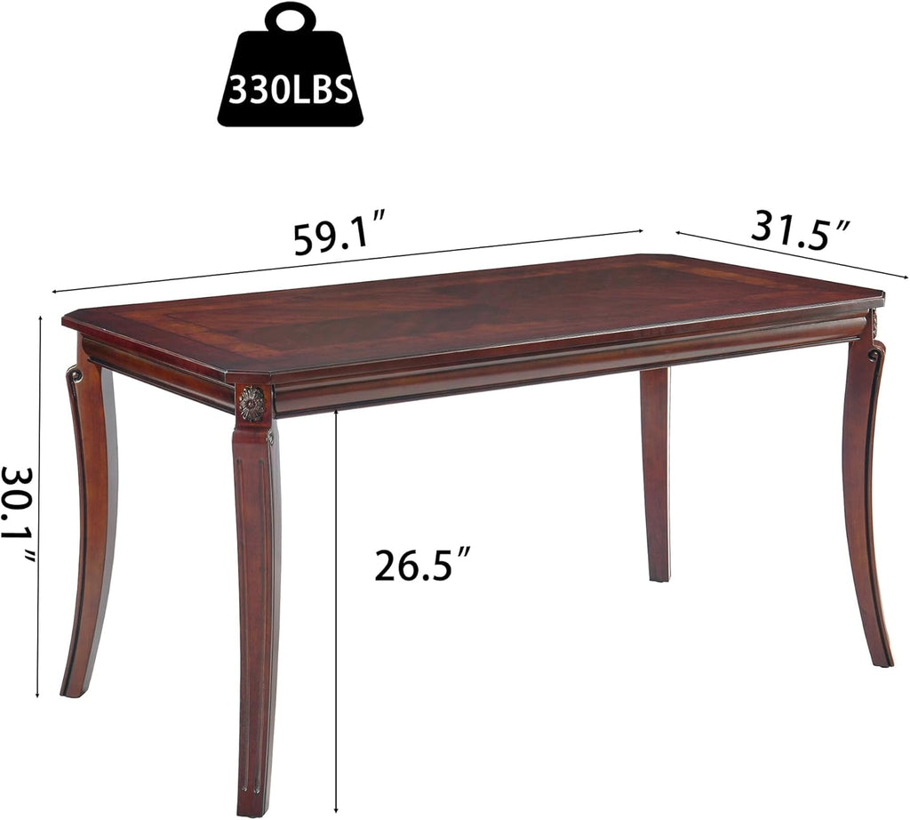 59”Farmhouse Dining Table with Carved Legs,Rectangular Kitchen Table for 4–6 Person, Solid Wood Dinner Table for Living Room, Dining Room,Easy Assembly Cherry Brown CZ-A1168-WD