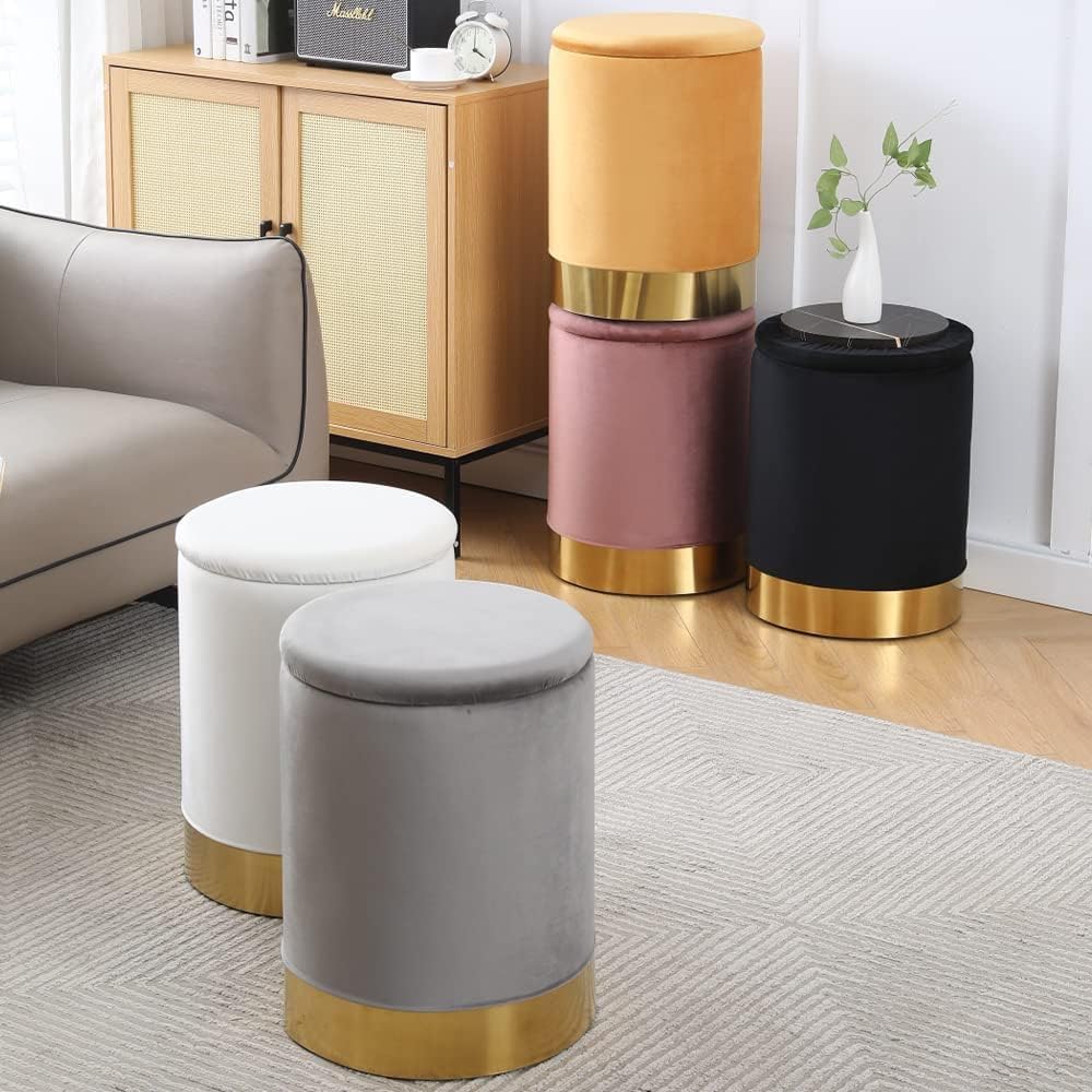 Velvet Storage Ottoman Multipurpose Footrest Stool with Metal Base Modern Round Vanity Stool Chair Ottoman Foot Stools Support 300 lbs Padded Seat for Living Room (Cream (Velvet))