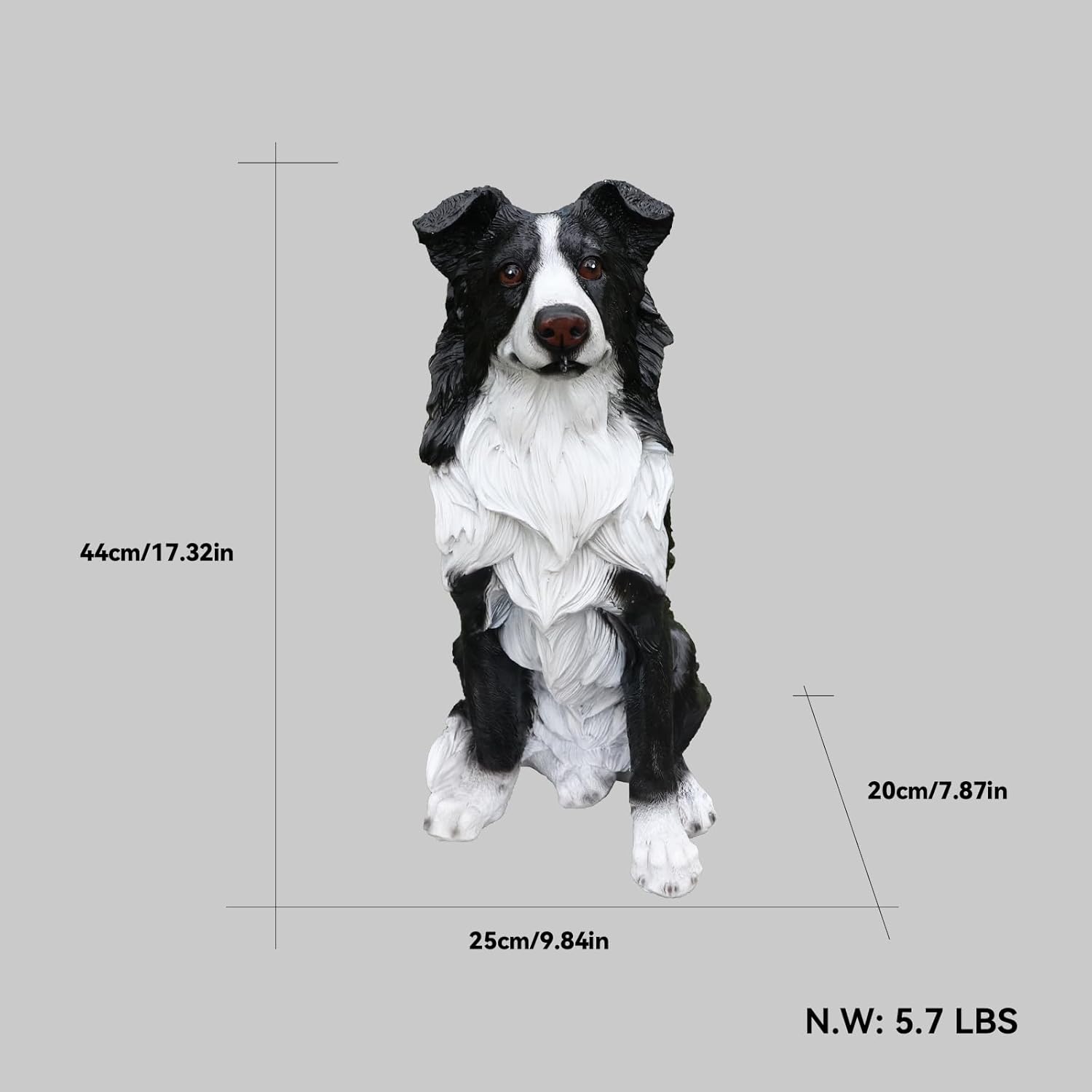 Border Collie Outdoor Dog Statue with Reversible “Welcome/ON Patrol” Plaque and Solar Path Lantern, Black & White Sitting Herding Dog Yard Accent