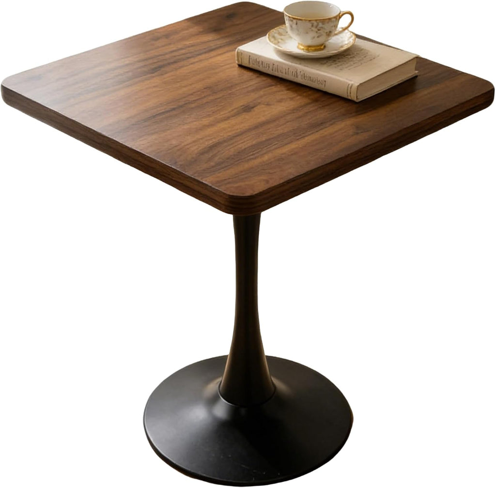 27.6" Tulip Table for 2-3 Persons Walnut Modern Square Dining Tables Mid-Century Leisure Table Thickened Wooden MDF Top Black Metal Base, for Living Room Kitchen (Walnut,27.6")