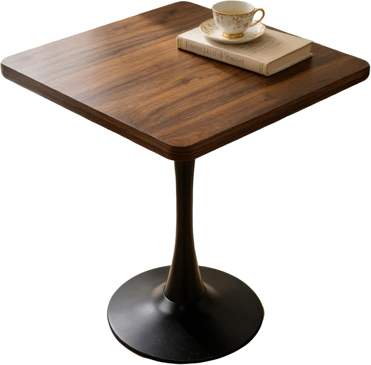 27.6" Tulip Table for 2-3 Persons Walnut Modern Square Dining Tables Mid-Century Leisure Table Thickened Wooden MDF Top Black Metal Base, for Living Room Kitchen (Walnut,27.6")