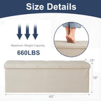DUMOS 43 Inch Folding Storage Ottoman Bench, Large Hidden Storage Chest withThicker Foam Padded Seat, End of Bed Foot Rest Stool for Bedroom Living Room Entryway, Load 660 lbs, Beige