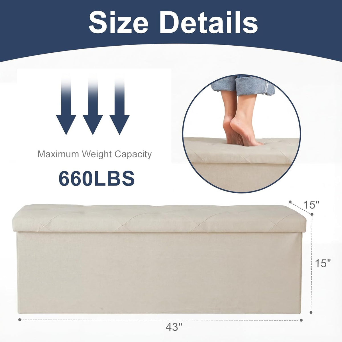 DUMOS 43 Inch Folding Storage Ottoman Bench, Large Hidden Storage Chest withThicker Foam Padded Seat, End of Bed Foot Rest Stool for Bedroom Living Room Entryway, Load 660 lbs, Beige