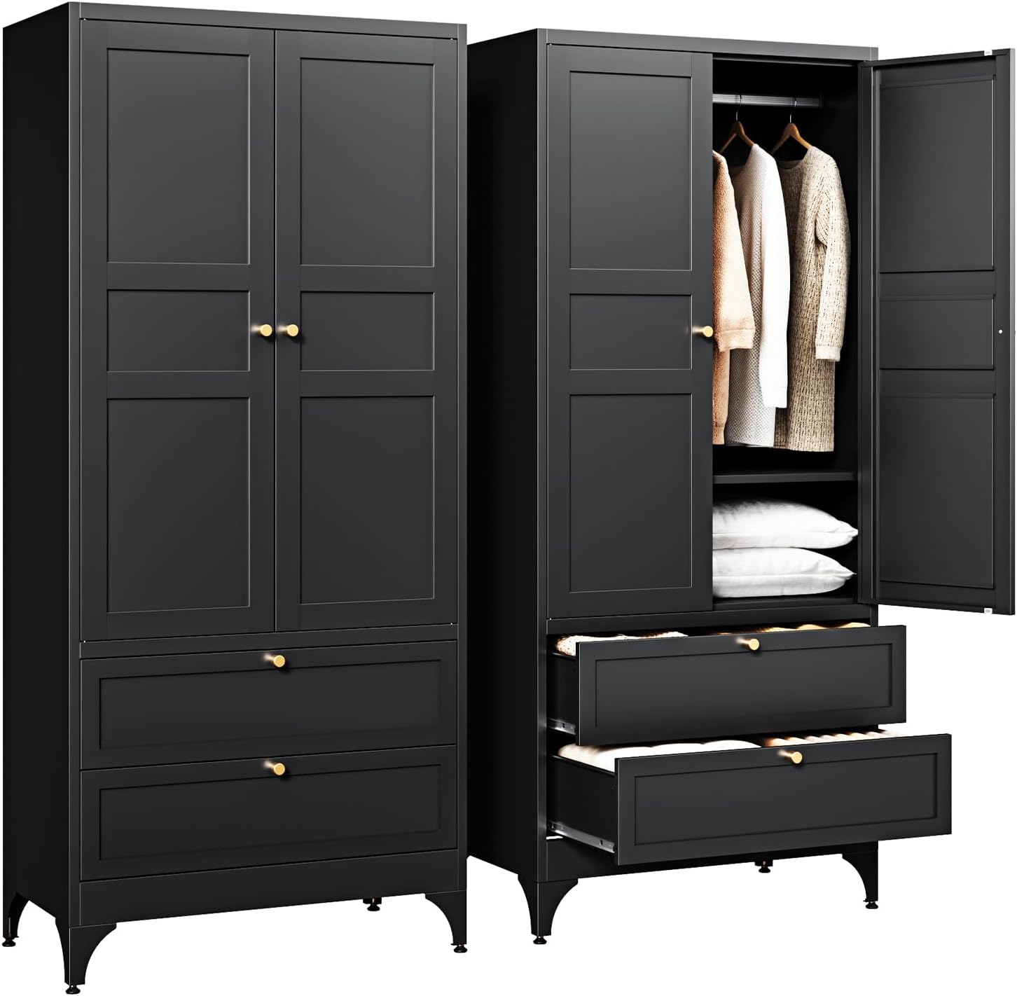 Letaya Metal Armoire Wardrobe Closet with Drawers,Clothing Storage Cabinet with Doors and Shelves,Coat Closet with Hanging Rod,Bedroom,Home,Cloak Room,Black-71 H x 32" W x 18" D