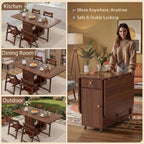 Folding Drop Leaf Dining Table and Hidden Chairs for Small Spaces Kitchen | Fully Assembled, Space Saving, Storage Table & 4 Lockable Wheels, Solid Wood & Wood Grain Finish, Walnut
