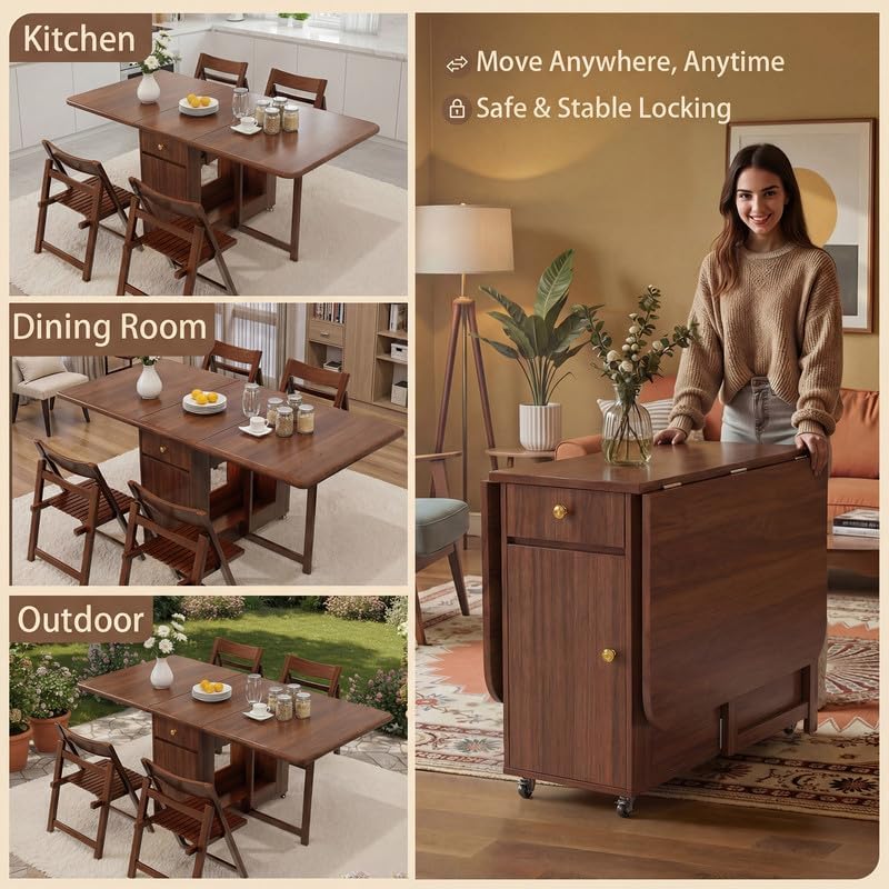 Folding Drop Leaf Dining Table with Hideaway Chairs for Small Spaces | Ready Assembled, Space Saving, Storage Cabinet, 4 Lockable Wheels, Supports up to 300 lbs, Solid Wood & Wood Grain Finish