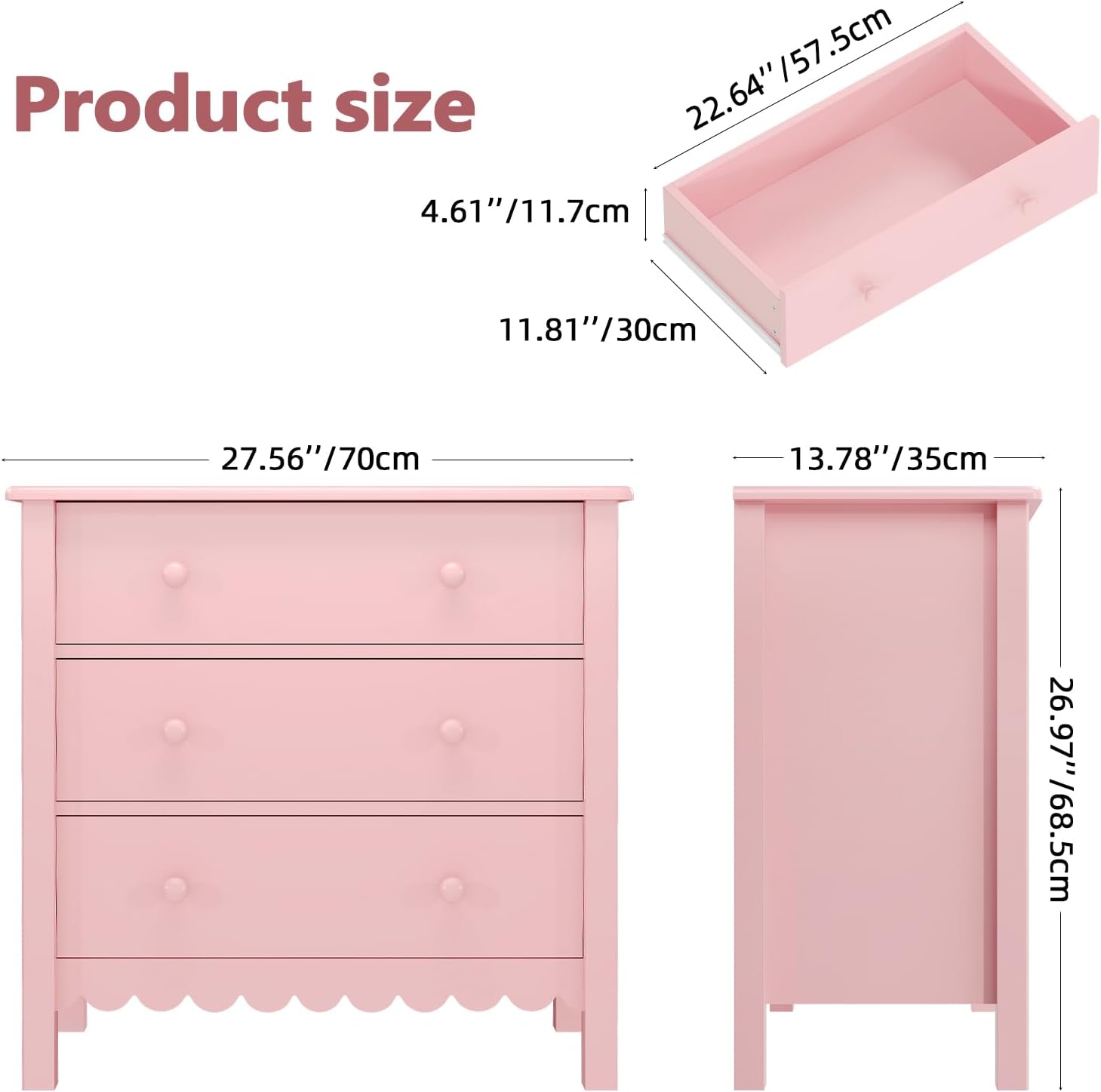 Vikiullf Large Nightstand with 3 Drawers, Pink, Engineered Wood, 27.56 x 13.78 x 26.97 inches (Pink)