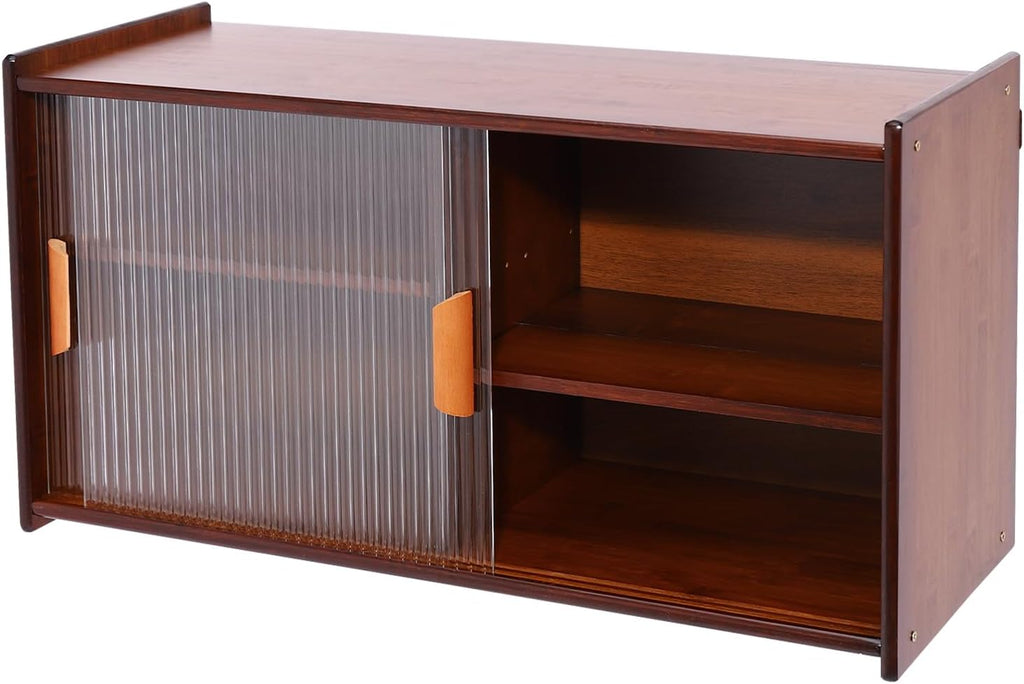 Xuthusman 2 Tier Small Kitchen Pantry Cabinet,30.3in Bamboo Sideboard with Glass Doors Cupboard Food Pantry Cabinet Adjustable Shelves Countertop Storage for Kitchen Dining Room (Walnut)