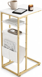 C Shaped End Table 28"(H) 3-Tier C Table with Storage Bag, Under Couch Table C-Shaped End Table with Storage Shelves and Bag for Living Room, Bedroom, or Office