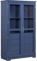 75" Tall Kitchen Pantry Cabinet, Freestanding Food Storage Cupboard, Modern Display Cabinet with Glass Doors and 4 Built-in Drawers, Storage Furniture for Kitchen, Living Room,Blue