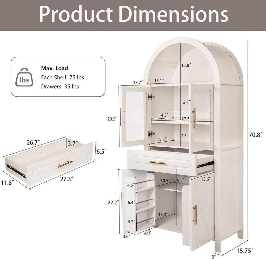 71" Tall Arched Kitchen Pantry Cabinet with Glass Doors - Farmhouse Storage Cabinet with Adjustable Shelves & Barn Door Design - Freestanding Cupboard for Kitchen, Dining & Living Room (White)