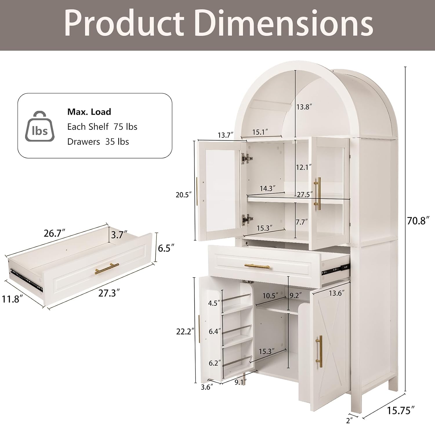 71" Tall Arched Kitchen Pantry Cabinet with Glass Doors - Farmhouse Storage Cabinet with Adjustable Shelves & Barn Door Design - Freestanding Cupboard for Kitchen, Dining & Living Room (White)