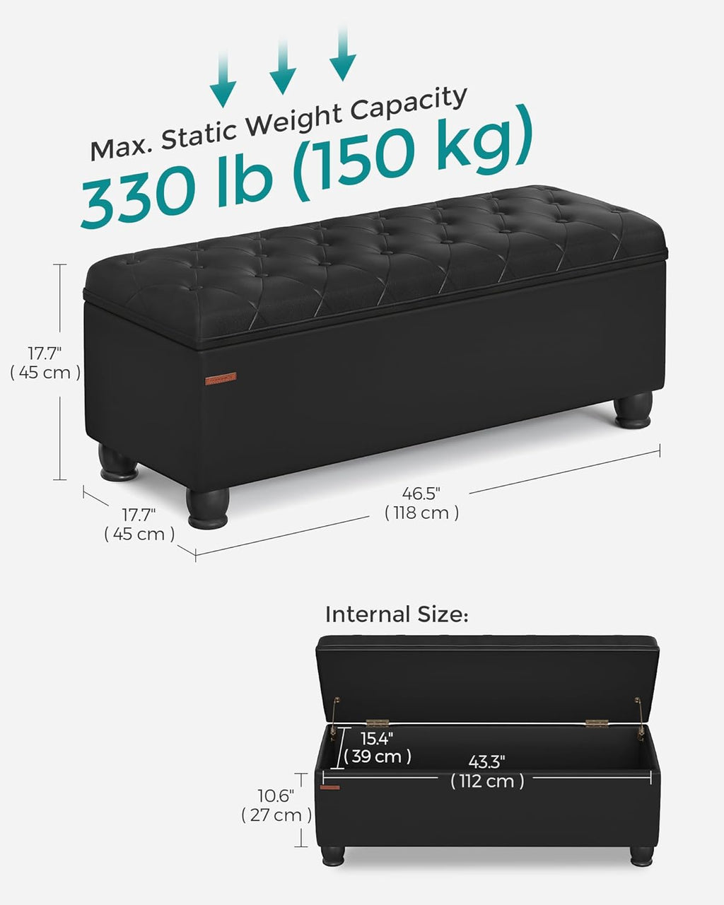 SONGMICS Storage Ottoman, 46.5 Inches Long Bed End Stool, Solid Wood Legs | Buttons Decoration, Non-Slip Foot Pads, 330.7 lb Load Capacity, Ink Black, MACEO Collection ULOM071B01