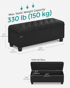 SONGMICS Storage Ottoman, 46.5 Inches Long Bed End Stool, Solid Wood Legs | Buttons Decoration, Non-Slip Foot Pads, 330.7 lb Load Capacity, Ink Black, MACEO Collection ULOM071B01
