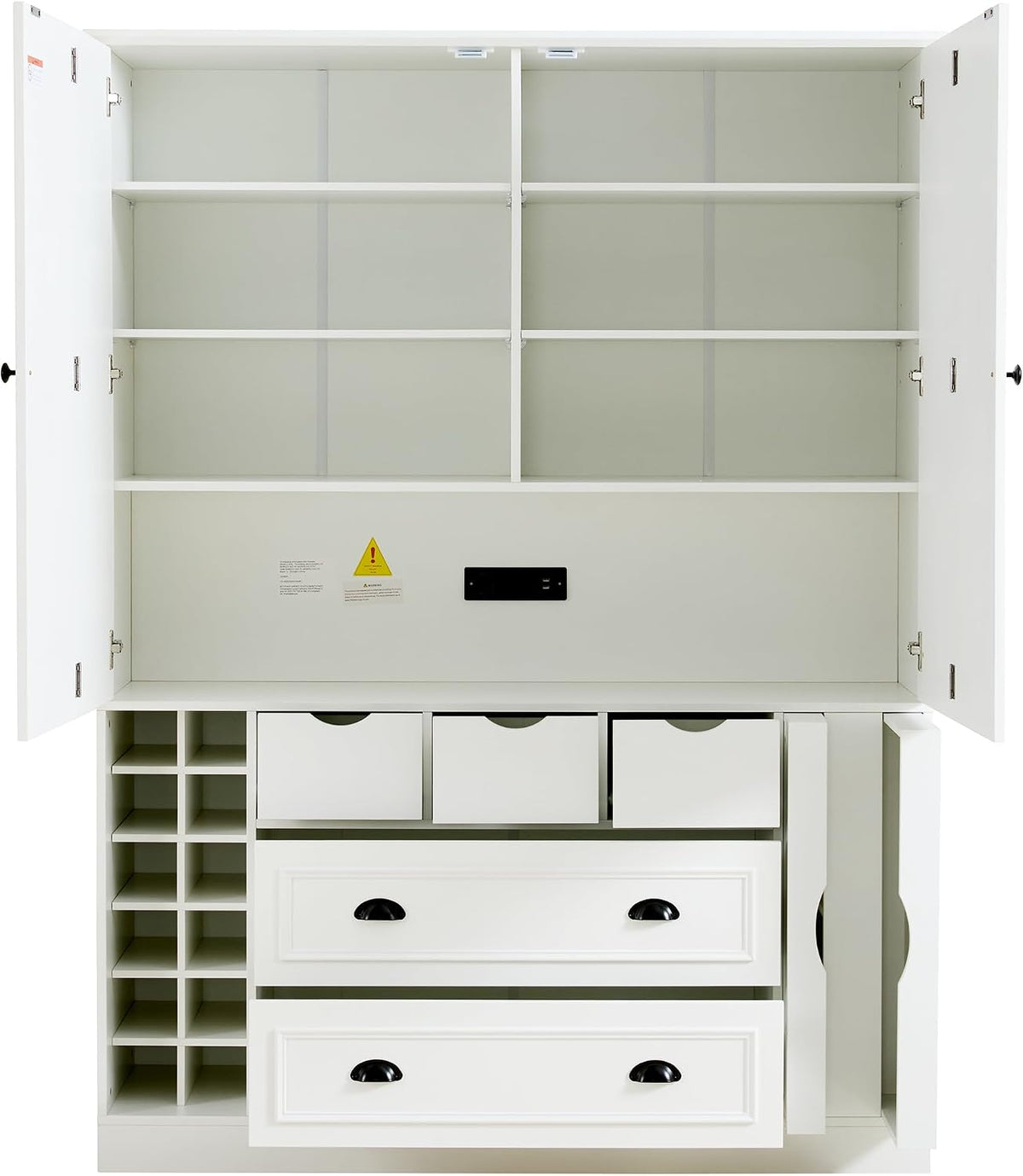 Farmhouse Kitchen Pantry, Sideboard with Power Outlet, Shelves, White | Spacious 53.2"L x 17.7"W x 71"H floor cabinet with 4 foldable doors, built-in power outlet, wine racks, and serving trays