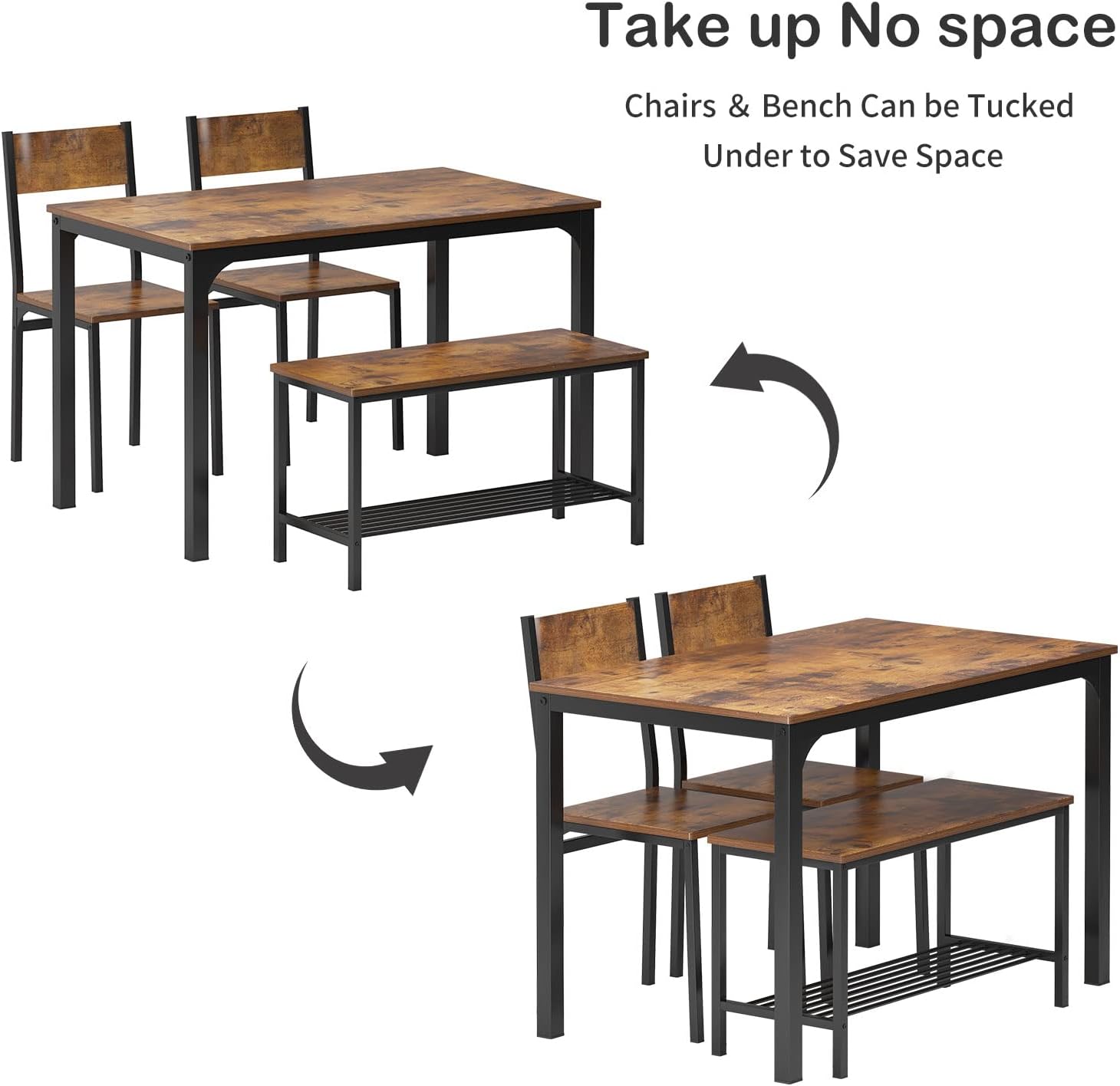 soges Kitchen Nesting Dining Table with 2 Chairs & Bench, Rustic Brown | Modern 43.3 inch Table Set, Black Metal Frame, Space-Saving for Dining Room, Restaurant, Apartment, Easy Assembly