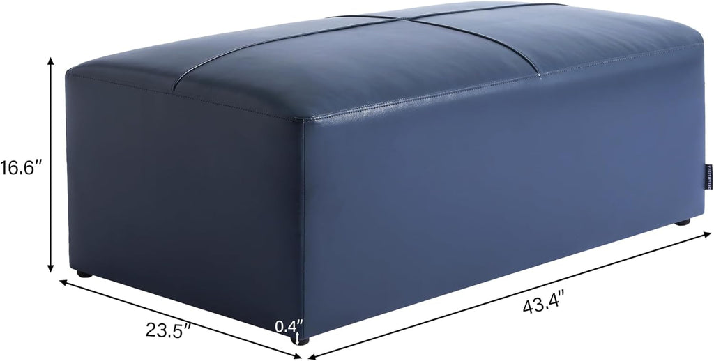Genuine Leather Ottoman Bench, Upholstered Ottoman Table with Solid Wood Frame, Rectangular Footrest Bench for Living Room, Entryway, Bedroom - Navy Blue