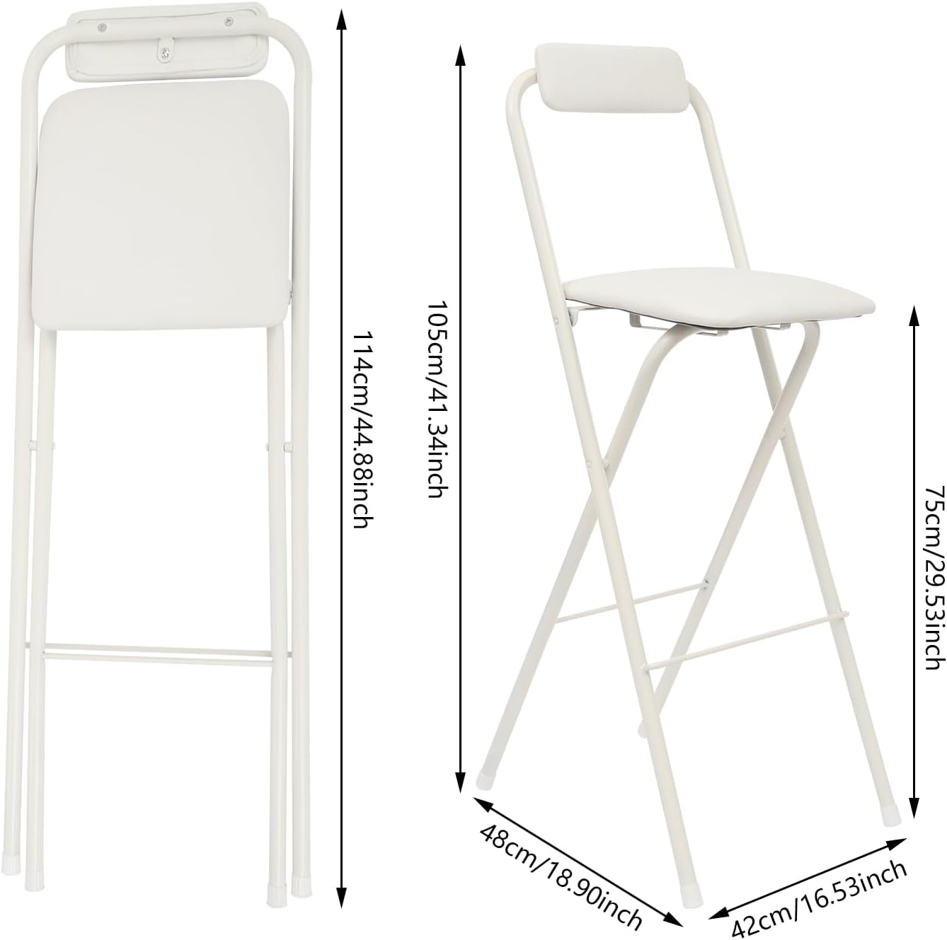 2PCS 29.53'' H Folding Bar Stool with Backrest, White Tall Folding Chair, 275LBS Load Capacity, Portable Collapsible Stool Kitchen Island, Bar, Cafe, Dining Room