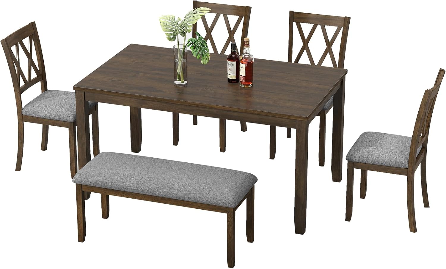 Zevemomo 6-Piece Solid Wood Dining Table Set, Dining Table & Chair Set for 6, Including 1 Dining Table, 4 Upholstered Chairs and 1 Bench, Dining Table Set for Dining Room & Kitchen, Walnut