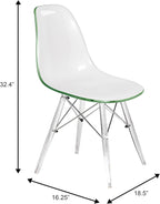 LeisureMod Cresco Modern Molded Dining Chair, Chrome-Plated Eiffel Base and Acrylic Support Legs Ergonomic Curved Seat Accent Side Chair for Living Room, Offices, Cafes, White Green