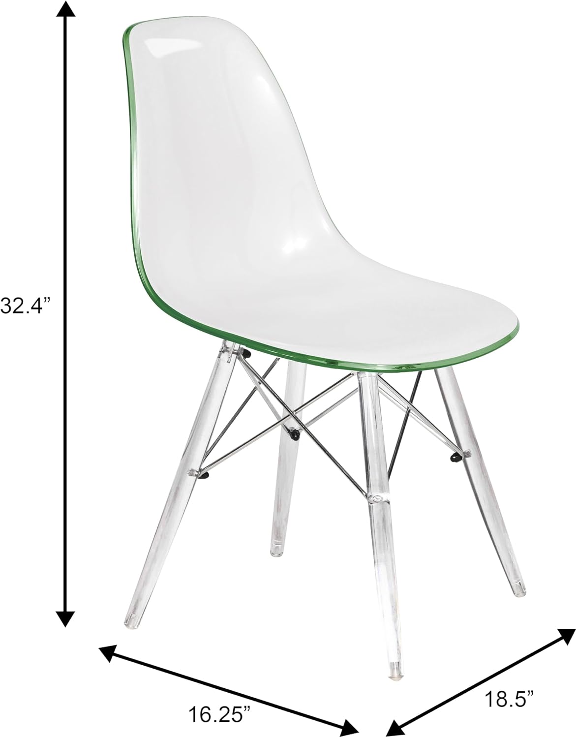 LeisureMod Cresco Modern Molded Dining Chair, Chrome-Plated Eiffel Base and Acrylic Support Legs Ergonomic Curved Seat Accent Side Chair for Living Room, Offices, Cafes, White Green