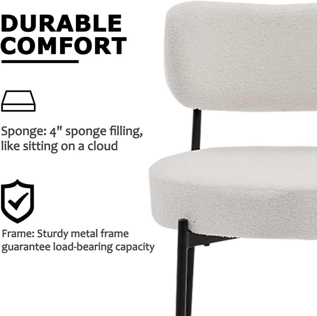 Boucle Dining Chair Set of 4, Mid Century Modern Upholstered Kitchen Chairs with Curved Backrest & Black Metal Legs, Round Dining Room Chairs, White