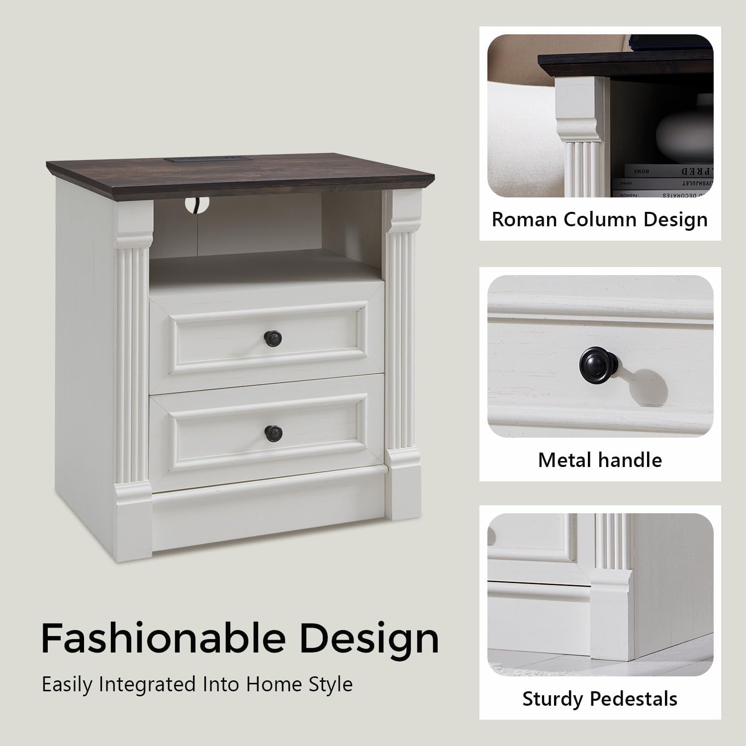 26" Tall Farmhouse Night stand Set of 2, 2 Drawers End Table w/Charging Station, 23.6" Wide Wood Side Table w/Roman Column, Large Rustic Sofa Table w/Open Shelf, Bedside Table for Bedroom, White