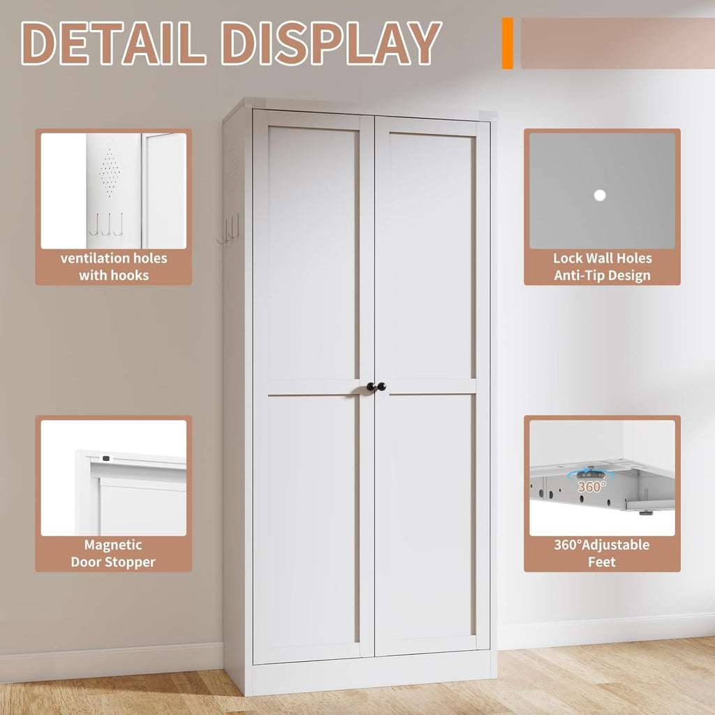 White Metal Kitchen Pantry Cabinet, Adjustable Shelves Storage Cabinet with Silent Magnetic Door, Freestanding Storage Cabinet for Small Kitchen Living Room Pantry, 27.6x13.8x72 Inches