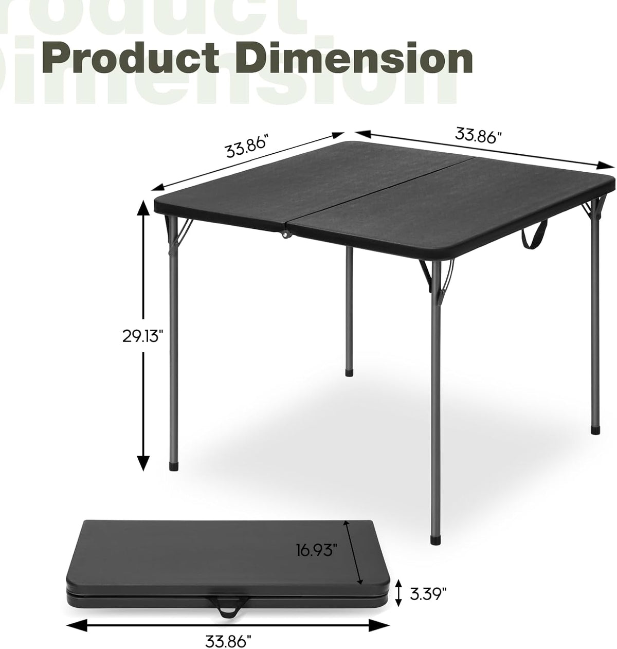 34" Square Folding Table for 4 Person, 330lbs Weight Capacity Foldable Table with HDPE Tabletop & Heavy-Duty Steel Legs, Large Portable Picnic Table for Indoor Outdoor Parties, Camping, Black