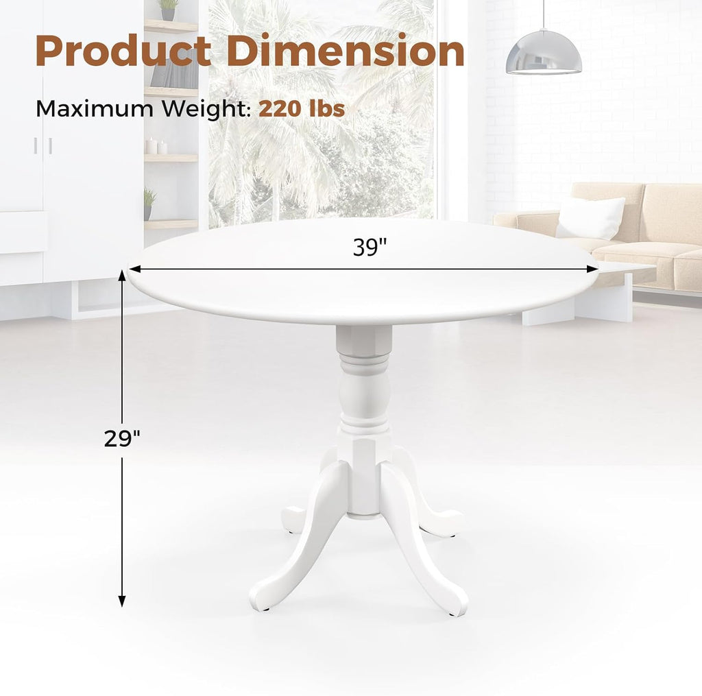 Giantex Round Dining Table, 39" D X 29" H, Rubber Wood Pedestal Table W/Round Tabletop & Curved Trestle Legs, 4-Person Dinner Table for Kitchen, Dining Room, Restaurant (White)