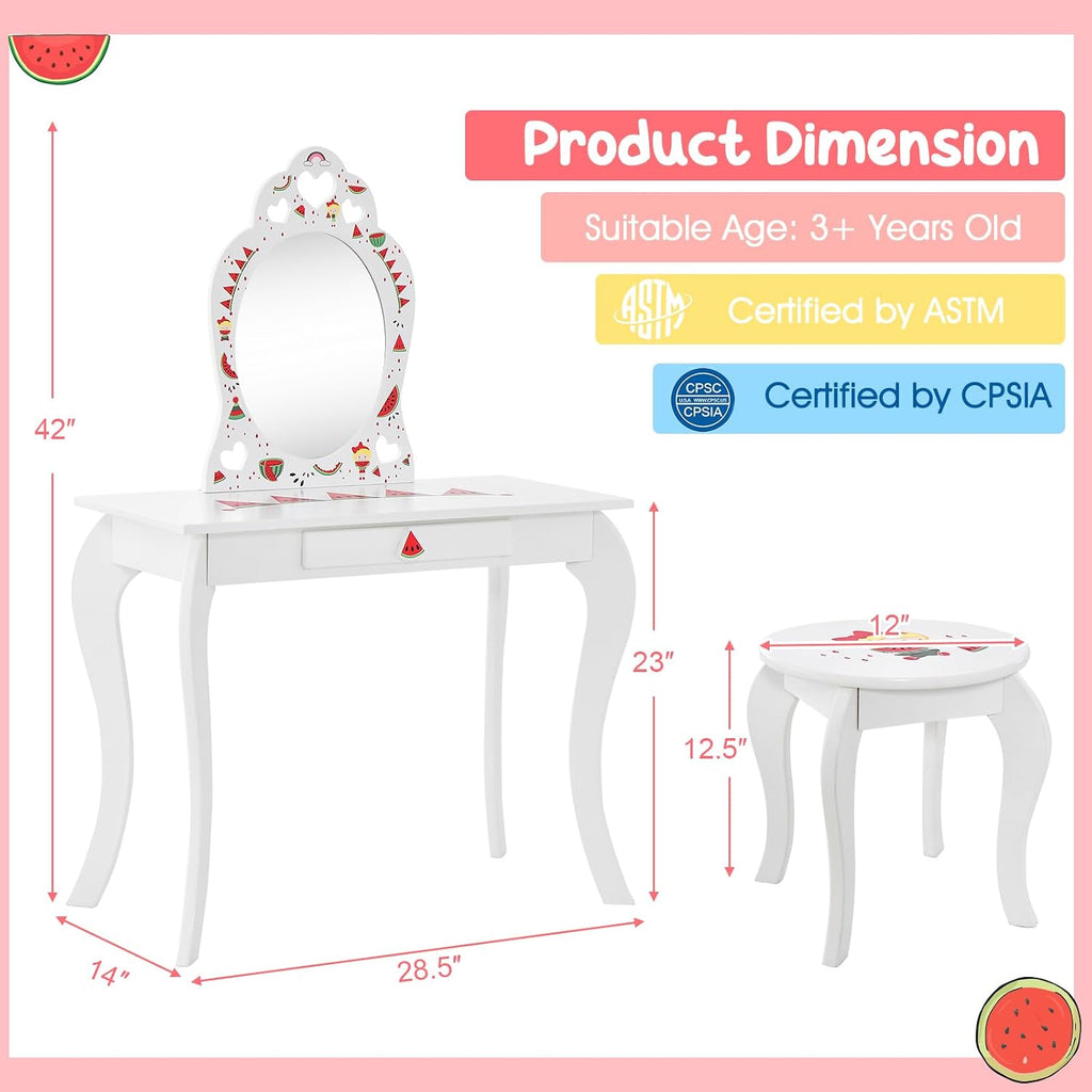 Costzon Kids Vanity, Girls Vanity Set with Mirror and Stool, Storage Drawer, Princess Toddler Makeup Vanity Desk Dressing Table, Wooden Kids Vanity Table and Chair Set (Fruit Pattern)