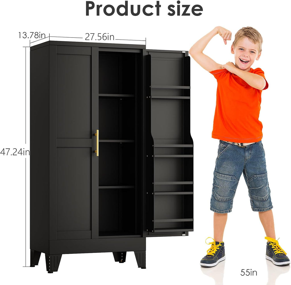 pozdeg 47.24" Kitchen Pantry Cabinet, Metal Food Pantry Storage Cupboard with 2 Doors and 3 Adjustable Shelves, Freestanding Buffet Sideboard for Kitchen, Dining Room, Living Room and Bathroom