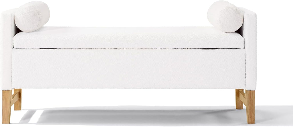 Merax Boucle Upholstered Storage Bench 50.8" End of Bed Bench with 2 Round Pillows & Solid Wood Legs, Ample Hidden Storage Space, Ottoman for Entryway Bedroom, Ivory