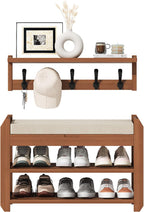 27.6" Bamboo Shoe Bench with Cushion, 5 Hooks Coat Rack, 2-Tier Storage Bench for Entryway, Heavy Duty Shoe Rack Organizer with Removable Soft Cushion for Living Room Bedroom Hallway