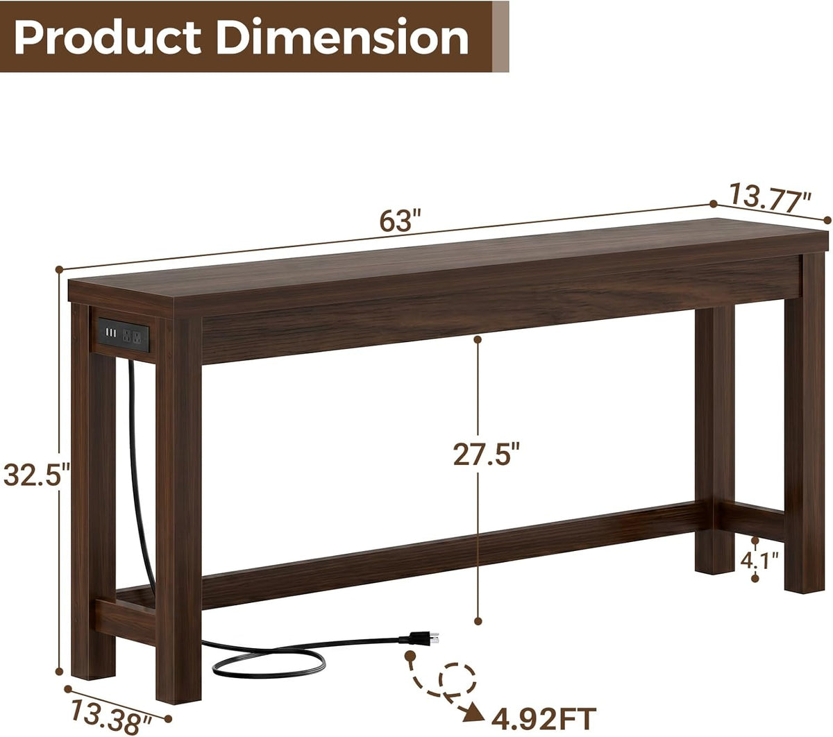 Cyclysio 63" Console Table with Charging Station, 13.8" Deep Farmhouse Sofa Table Behind Couch with 2 AC Outlets & 3 USB Ports, Long Entryway TV Console or Home Office Desk, Black Walnut