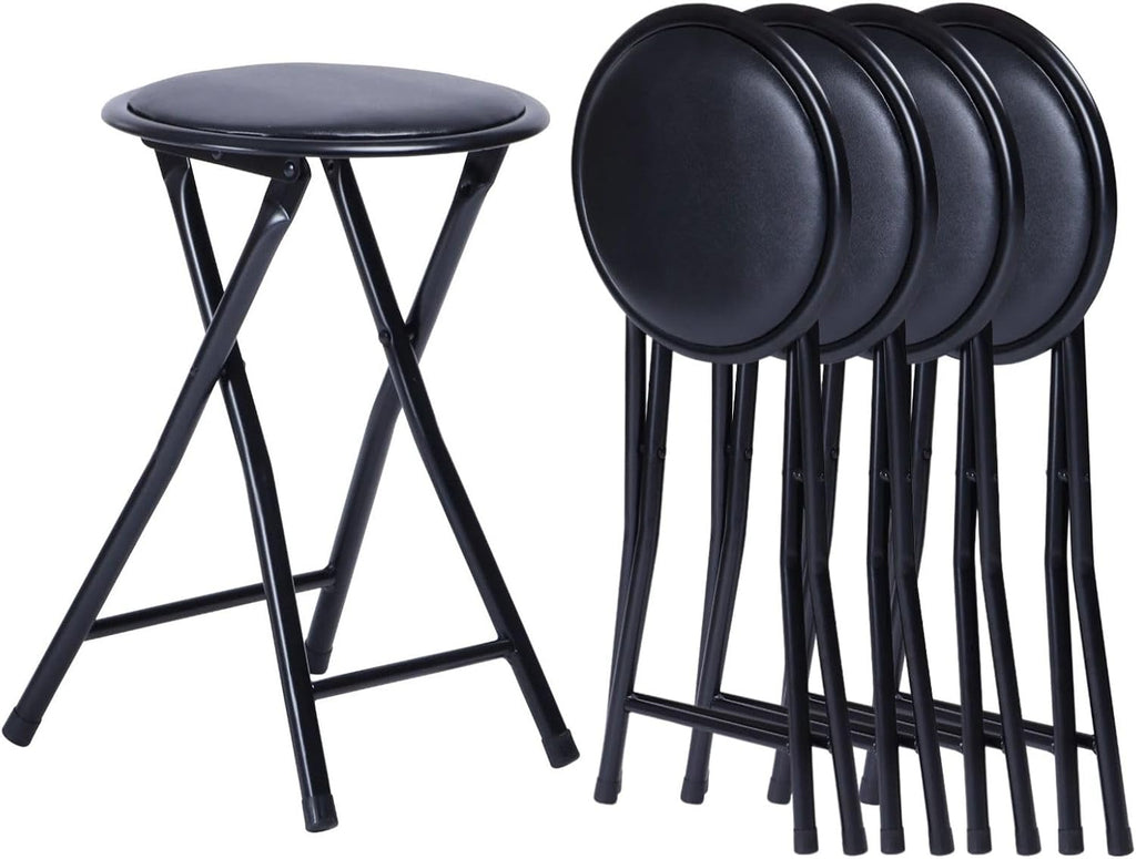 Homy Casa 18-Inch Backless Folding Stools with Soft Seat, Portable Waterproof Faux Leather Stools Foldable Chairs with Sturdy Frame for Indoor and Outdoor Use (Black, Set of 4)